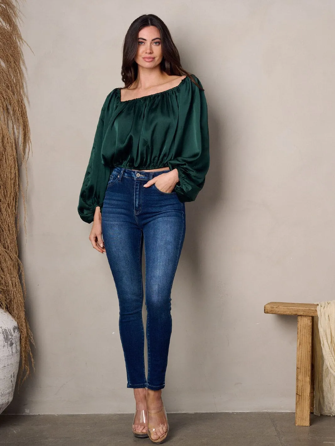 WOMEN'S LONG BALLON SLEEVE ELASTIC WAIST BLOUSE TOP