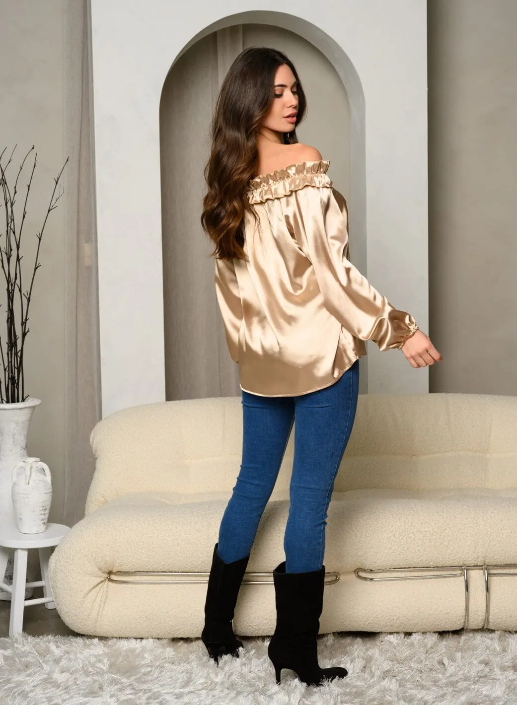WOMEN'S OFF SHOULDER LONG SLEEVE SILK TUNIC TOP