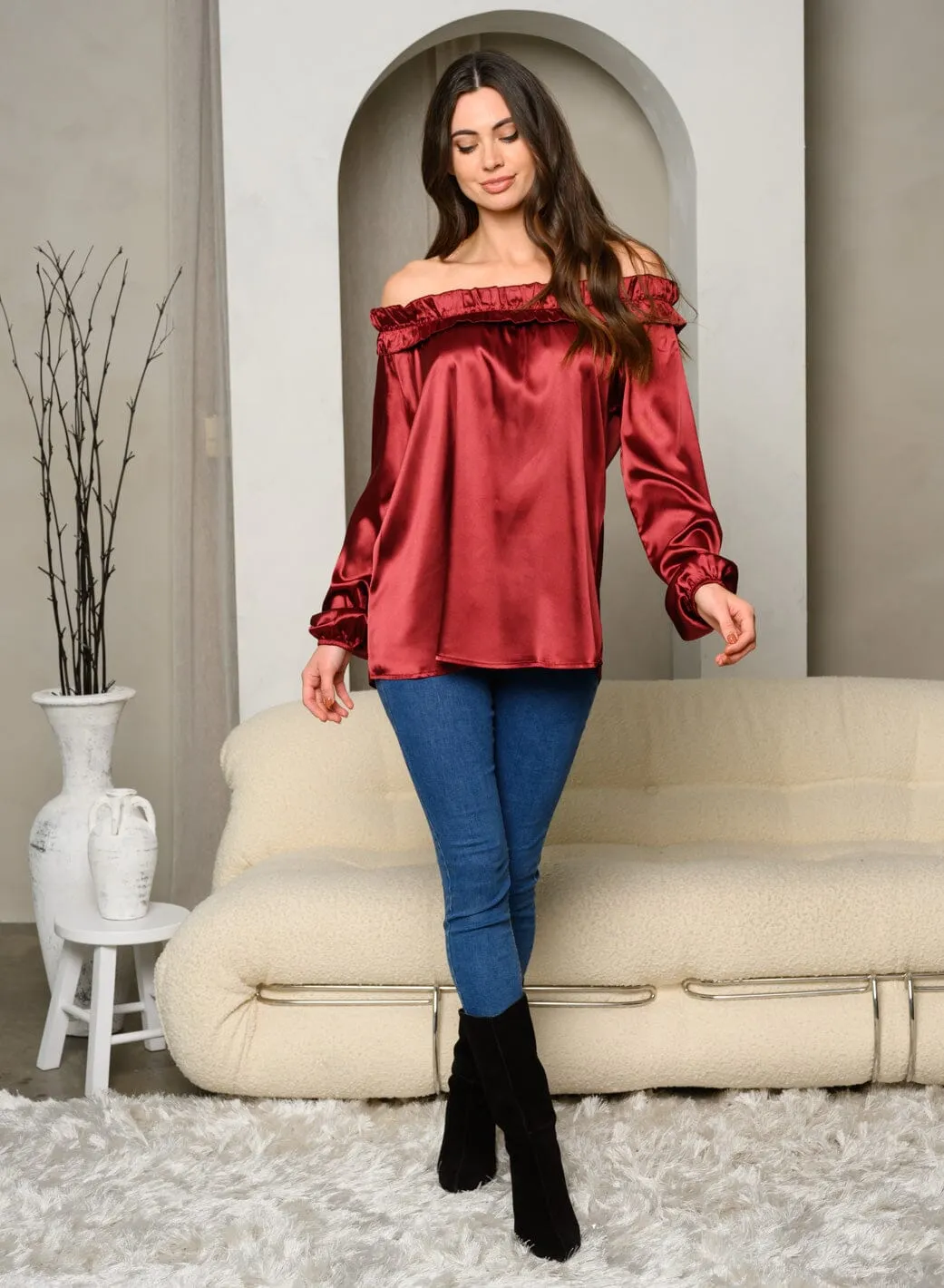 WOMEN'S OFF SHOULDER LONG SLEEVE SILK TUNIC TOP