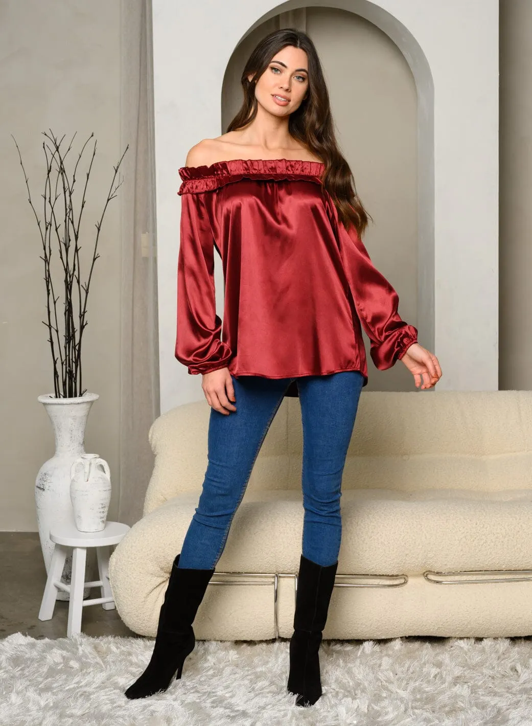 WOMEN'S OFF SHOULDER LONG SLEEVE SILK TUNIC TOP