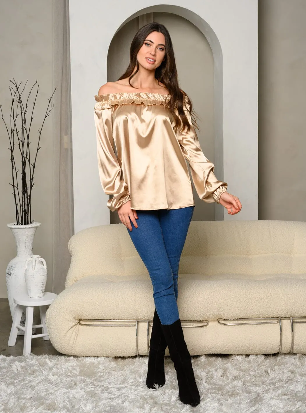 WOMEN'S OFF SHOULDER LONG SLEEVE SILK TUNIC TOP
