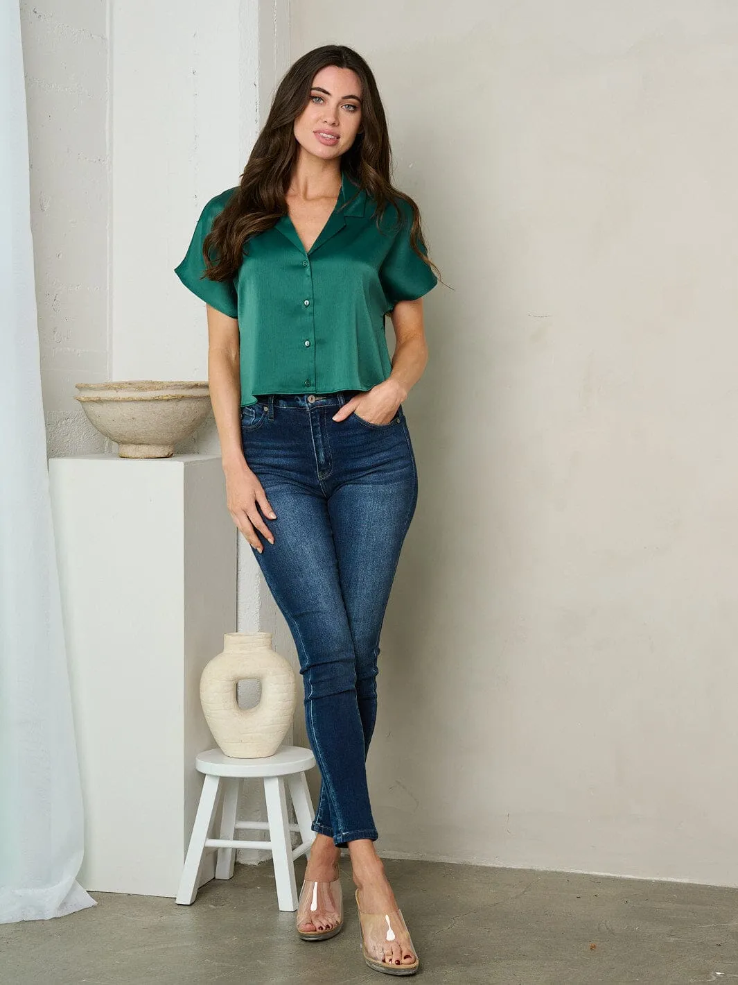 WOMEN'S SHORT SLEEVE BUTTON UP BLOUSE TOP