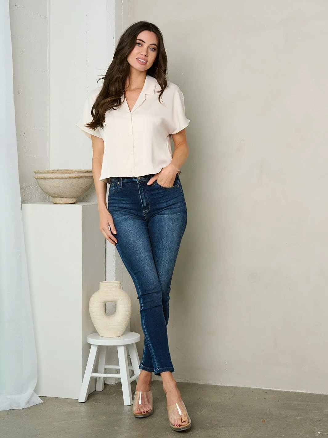 WOMEN'S SHORT SLEEVE BUTTON UP BLOUSE TOP