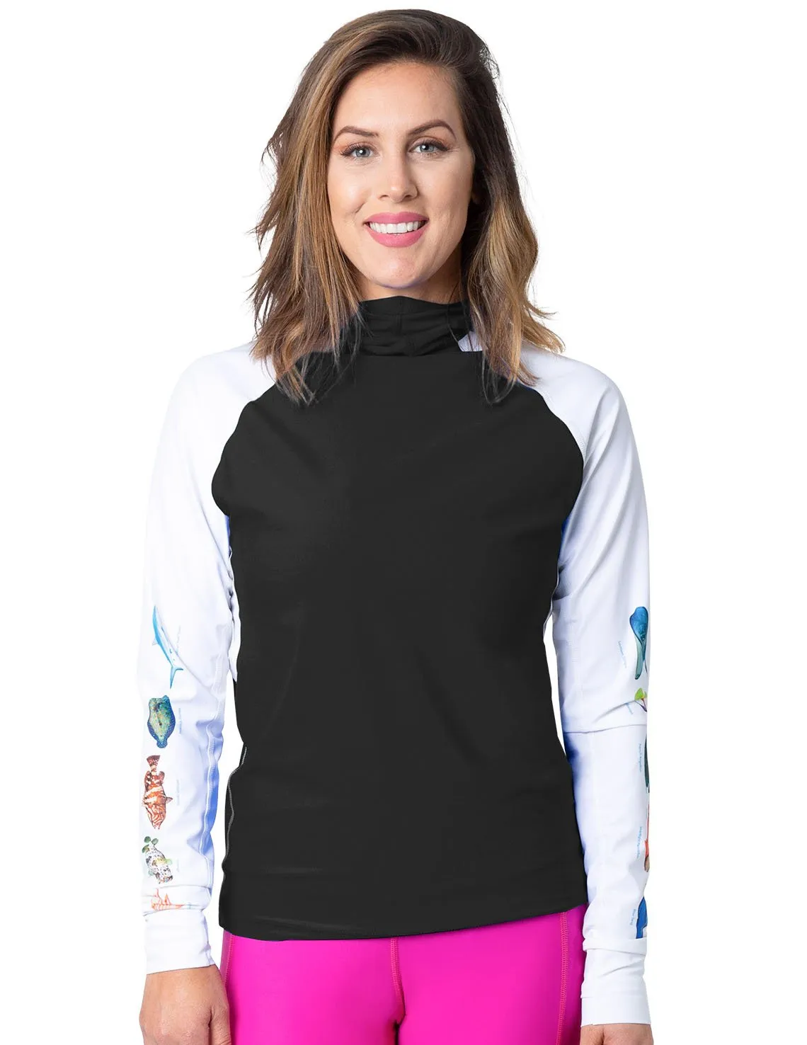 Women's Snorkel Hoodie Rash Guard - Caribbean Fish ID - Black