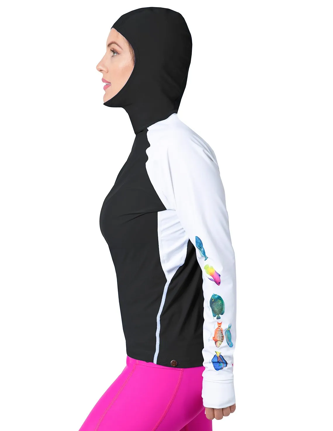Women's Snorkel Hoodie Rash Guard - Caribbean Fish ID - Black