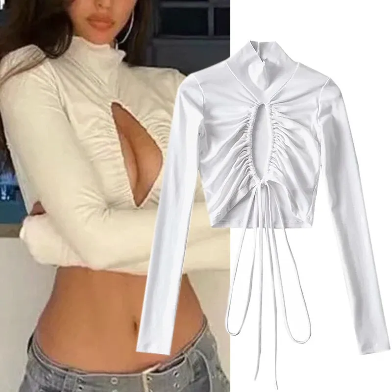 Women's  T-Shirt High Neck  Sexy Hollow Top