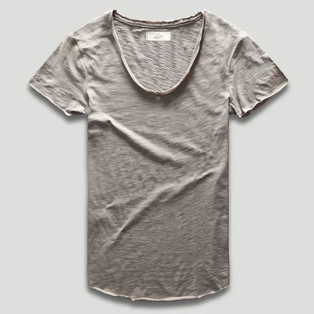 Zecmos Fashion Men T-Shirt With V Neck T Shirts For Men Male Luxury Cotton Plain Solid Curved Hem Top Tees Short Sleeve