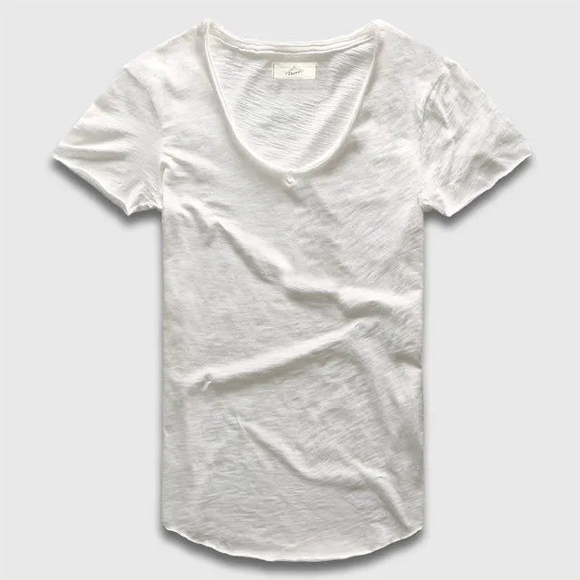 Zecmos Fashion Men T-Shirt With V Neck T Shirts For Men Male Luxury Cotton Plain Solid Curved Hem Top Tees Short Sleeve