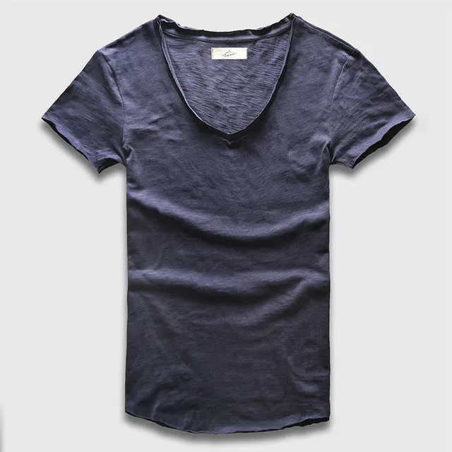 Zecmos Fashion Men T-Shirt With V Neck T Shirts For Men Male Luxury Cotton Plain Solid Curved Hem Top Tees Short Sleeve