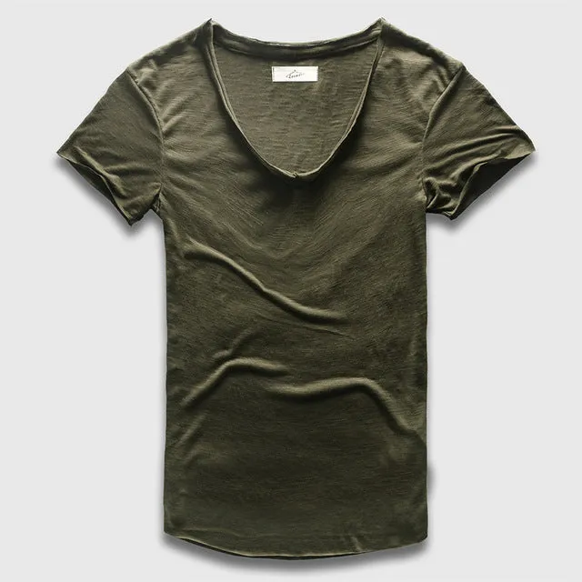 Zecmos Fashion Men T-Shirt With V Neck T Shirts For Men Male Luxury Cotton Plain Solid Curved Hem Top Tees Short Sleeve