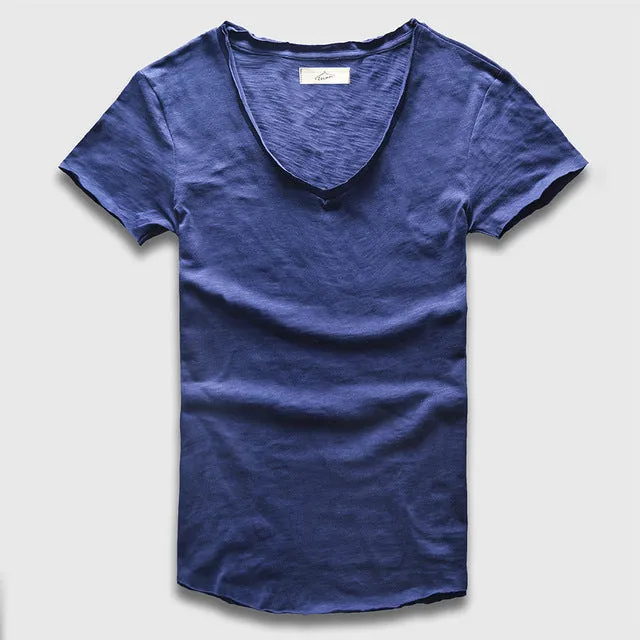 Zecmos Fashion Men T-Shirt With V Neck T Shirts For Men Male Luxury Cotton Plain Solid Curved Hem Top Tees Short Sleeve