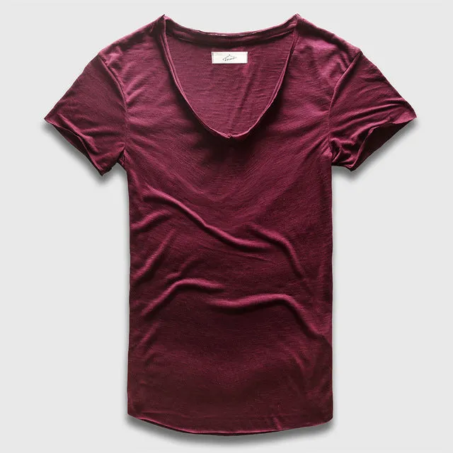 Zecmos Fashion Men T-Shirt With V Neck T Shirts For Men Male Luxury Cotton Plain Solid Curved Hem Top Tees Short Sleeve