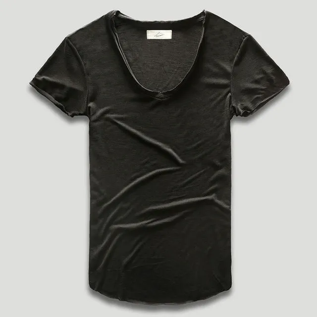 Zecmos Fashion Men T-Shirt With V Neck T Shirts For Men Male Luxury Cotton Plain Solid Curved Hem Top Tees Short Sleeve