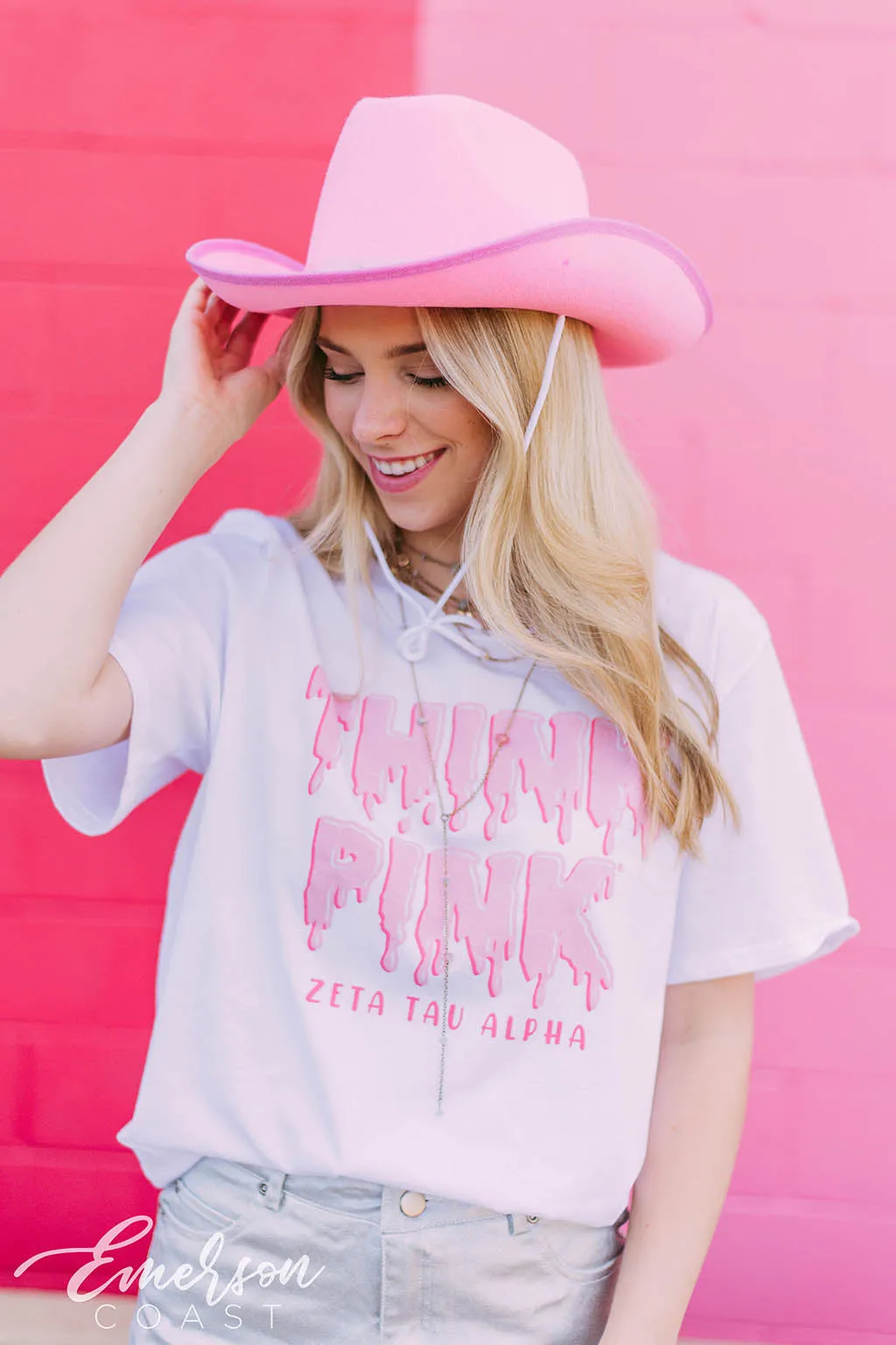 Zeta Tau Alpha Drip Letters Think Pink Philanthropy T-shirt